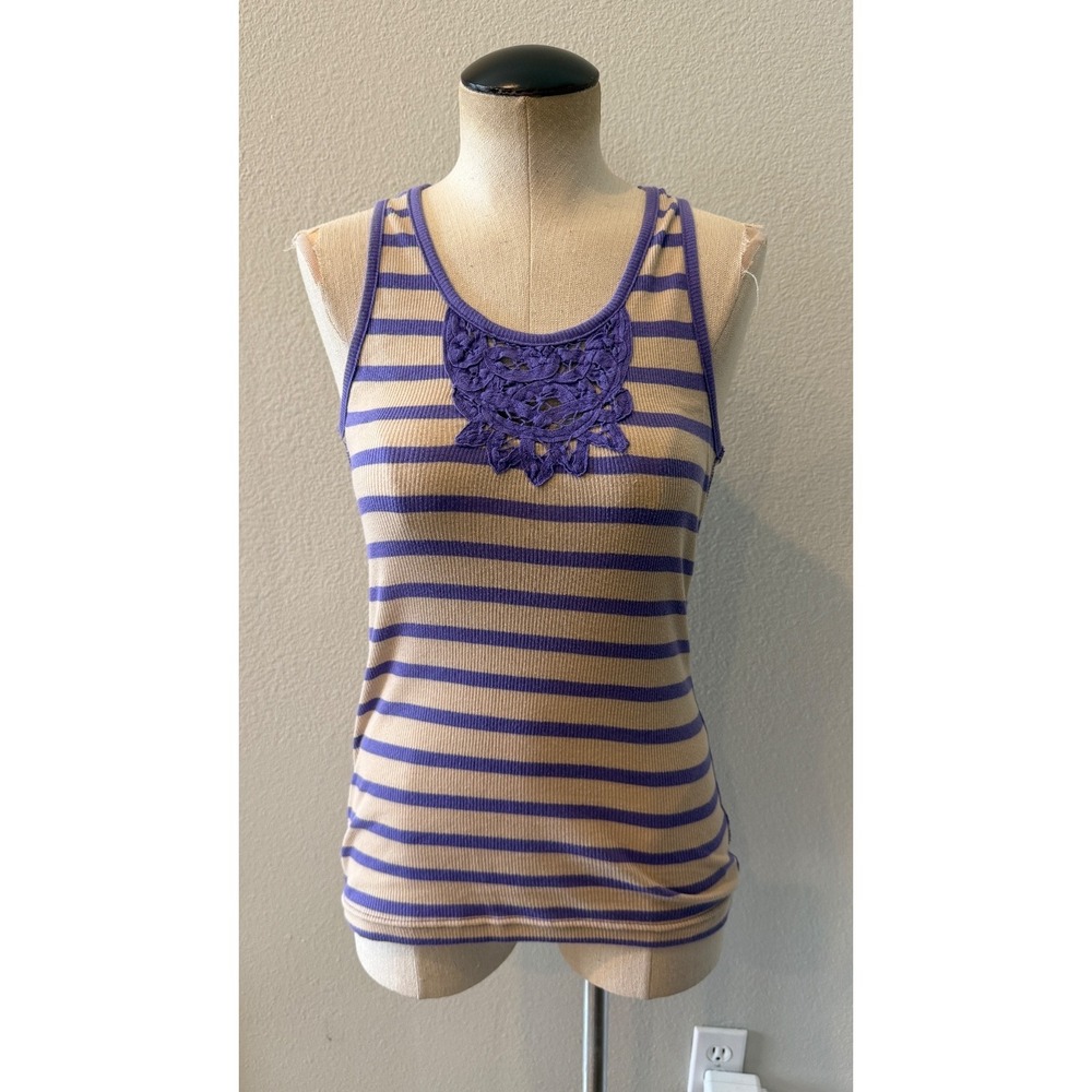 L.E.I. Juniors L Purple Beige Striped Ribbed Tank Top Crochet Floral Racerback